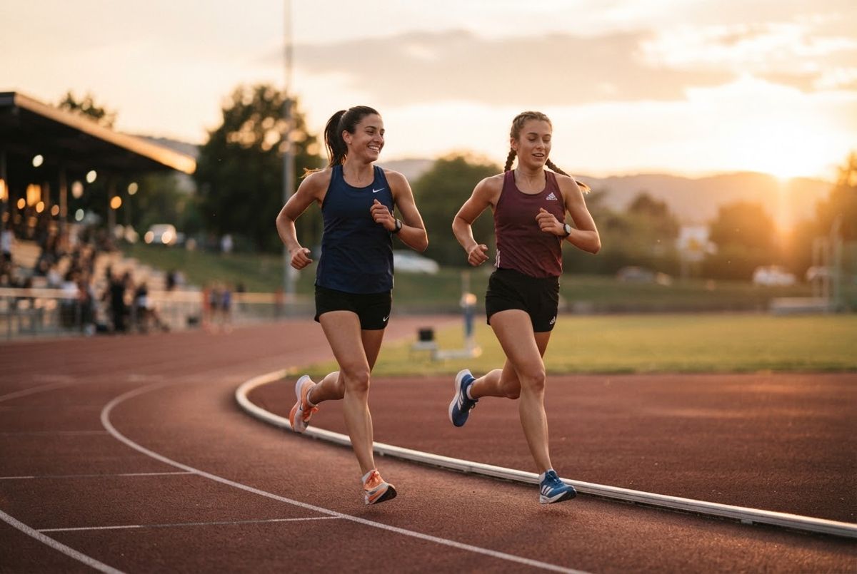 Deux coureuses à l'entraînement sur une piste d'athlétisme au coucher du soleil